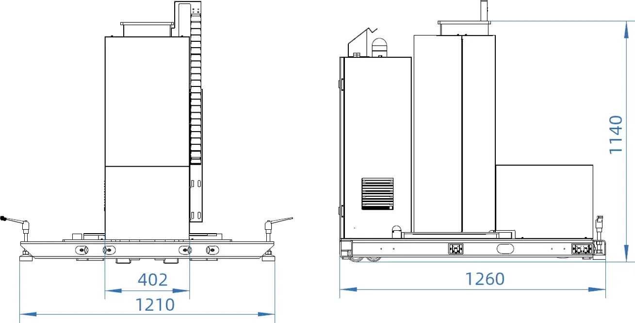 front and side technical drawing of the palletizer with lifting column showing dimensions