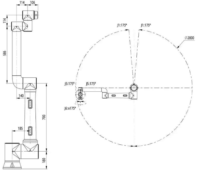 technical drawing shows side and top view with dimensions and joint angles