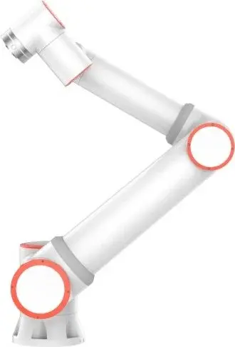 side view of a white robotic arm with orange circular joints