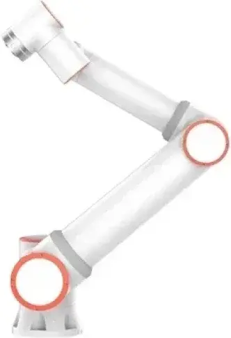 side view of a white collaborative robotic arm with orange joint edges