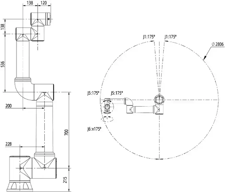 technical drawing of a collaborative robot showing joints and dimensions