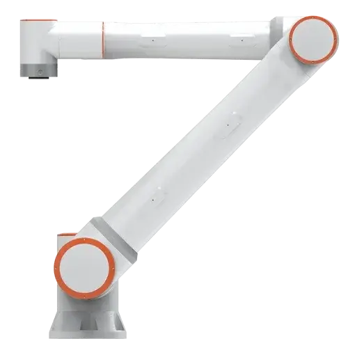 Side view of a white industrial robot arm with orange circular joints