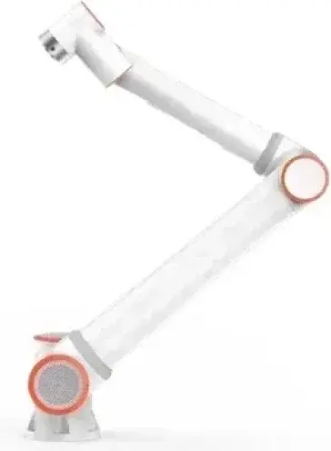 side view of white industrial robot arm with orange accents on joints against white background