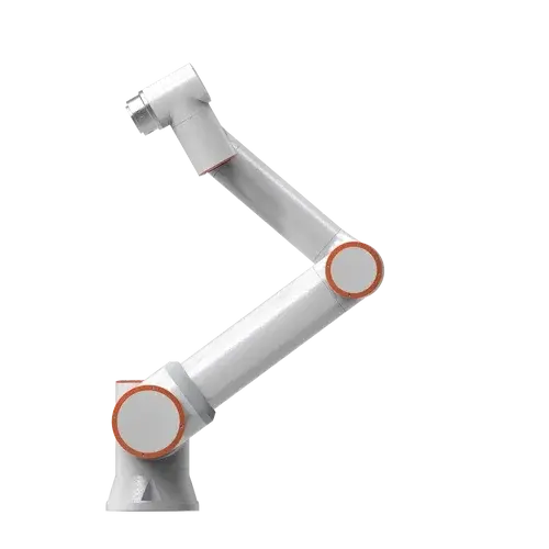 side view of a white robotic arm with orange circular joints on a white background