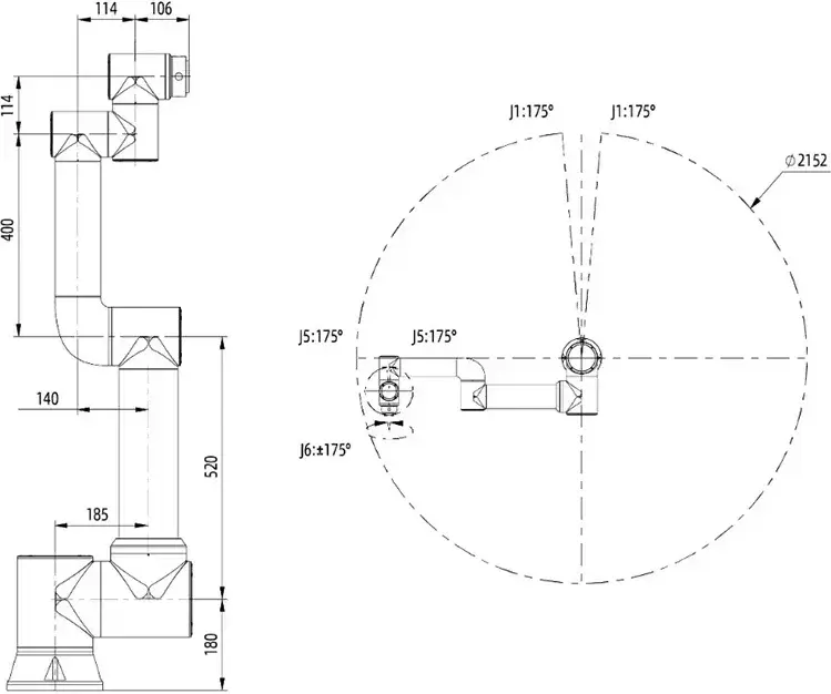 technical drawing of robot arm with dimensions and joint angles