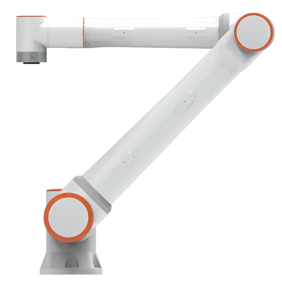 side view of a white collaborative robot arm with orange joints