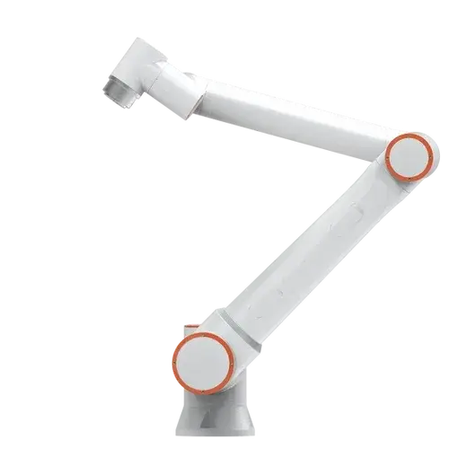 side view of white and orange articulated robot arm