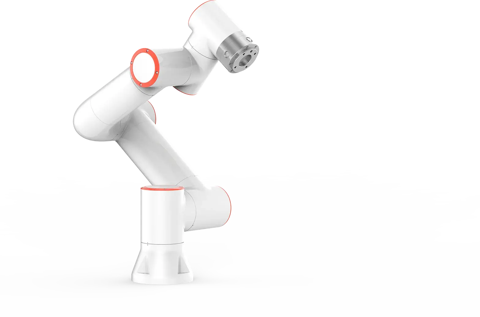 angled front view of white collaborative robot with red accents, mounted on base