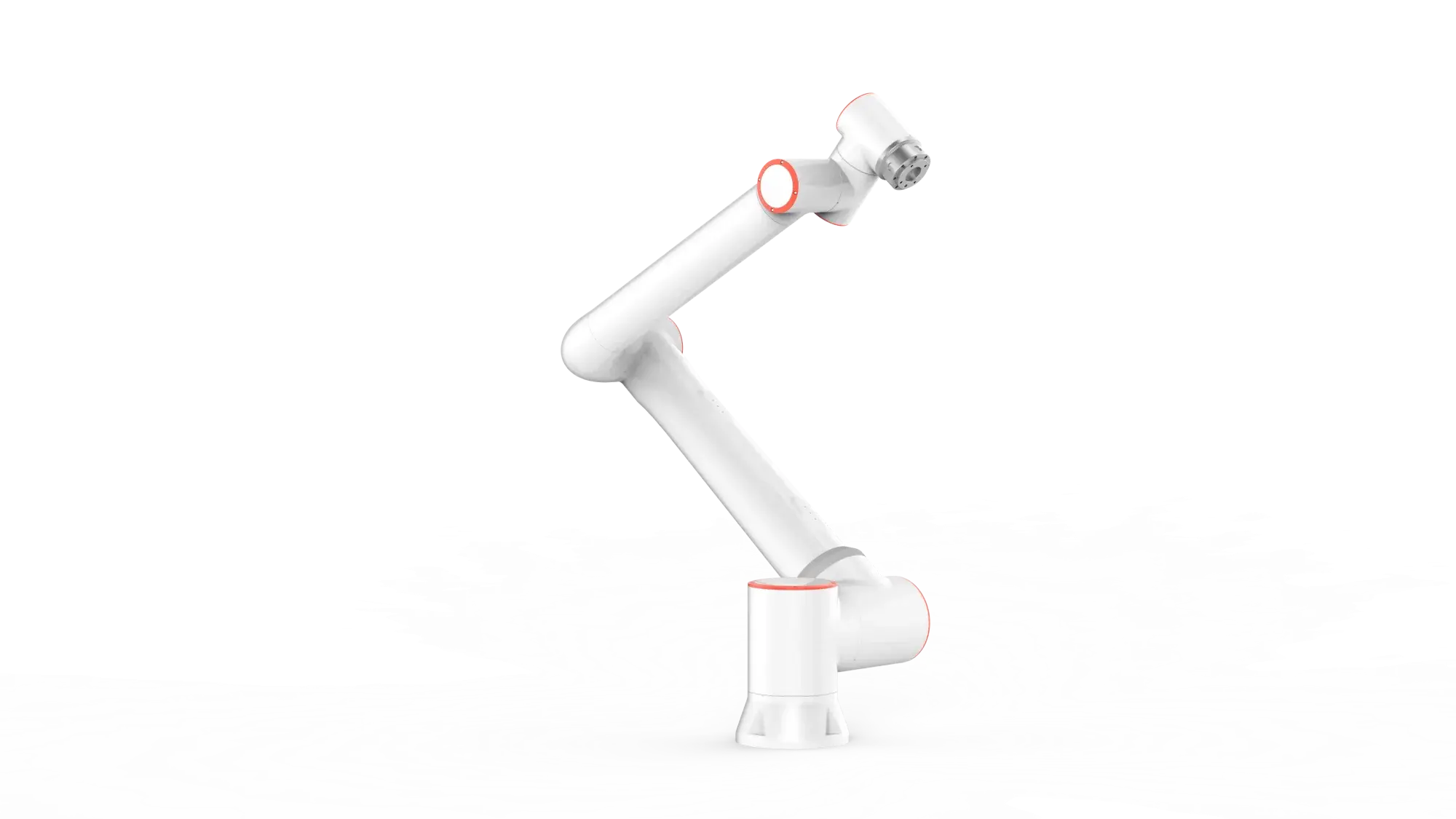 side view of a white Fairino FR10 collaborative robot arm with orange highlights on joints
