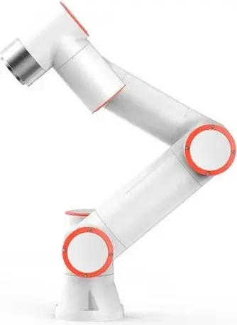 side view of a white and orange collaborative robot arm with three joints