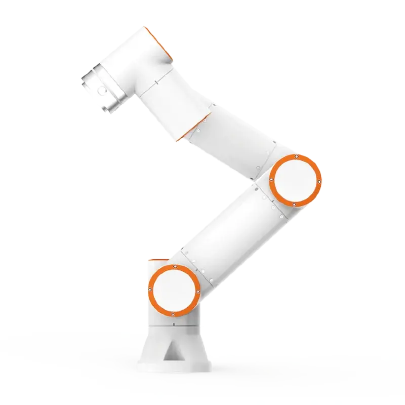side view of a white robotic arm with orange circular joints on a white background