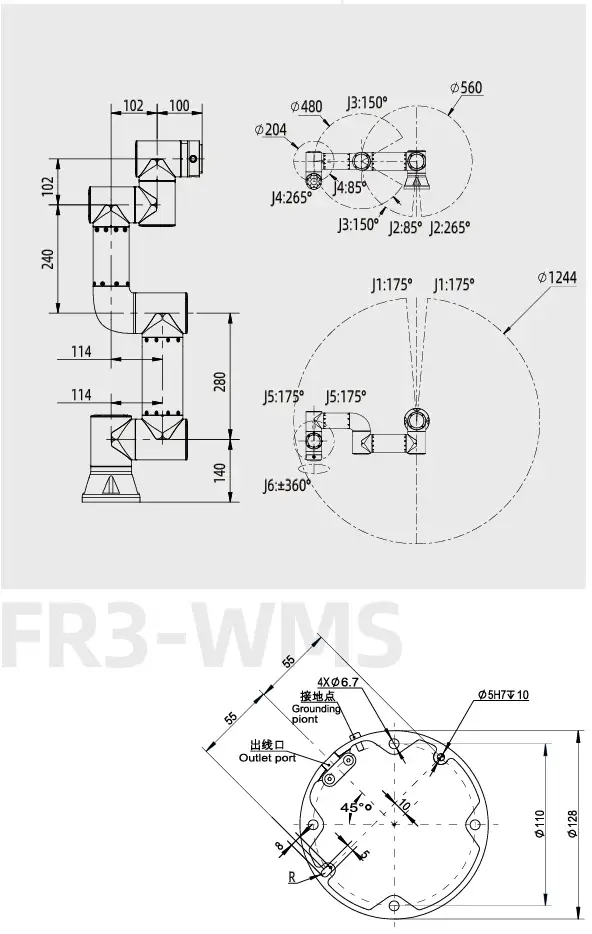 Engineering drawing with dimensions and joint rotation angles of the FR3 collaborative robot