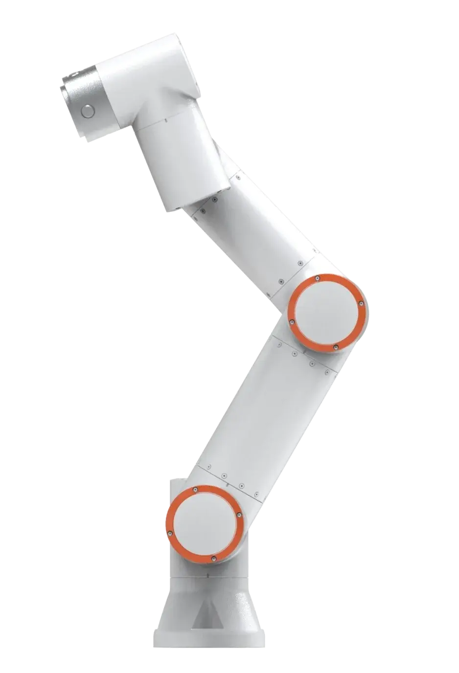 side view of white robotic arm with three orange-ringed joints