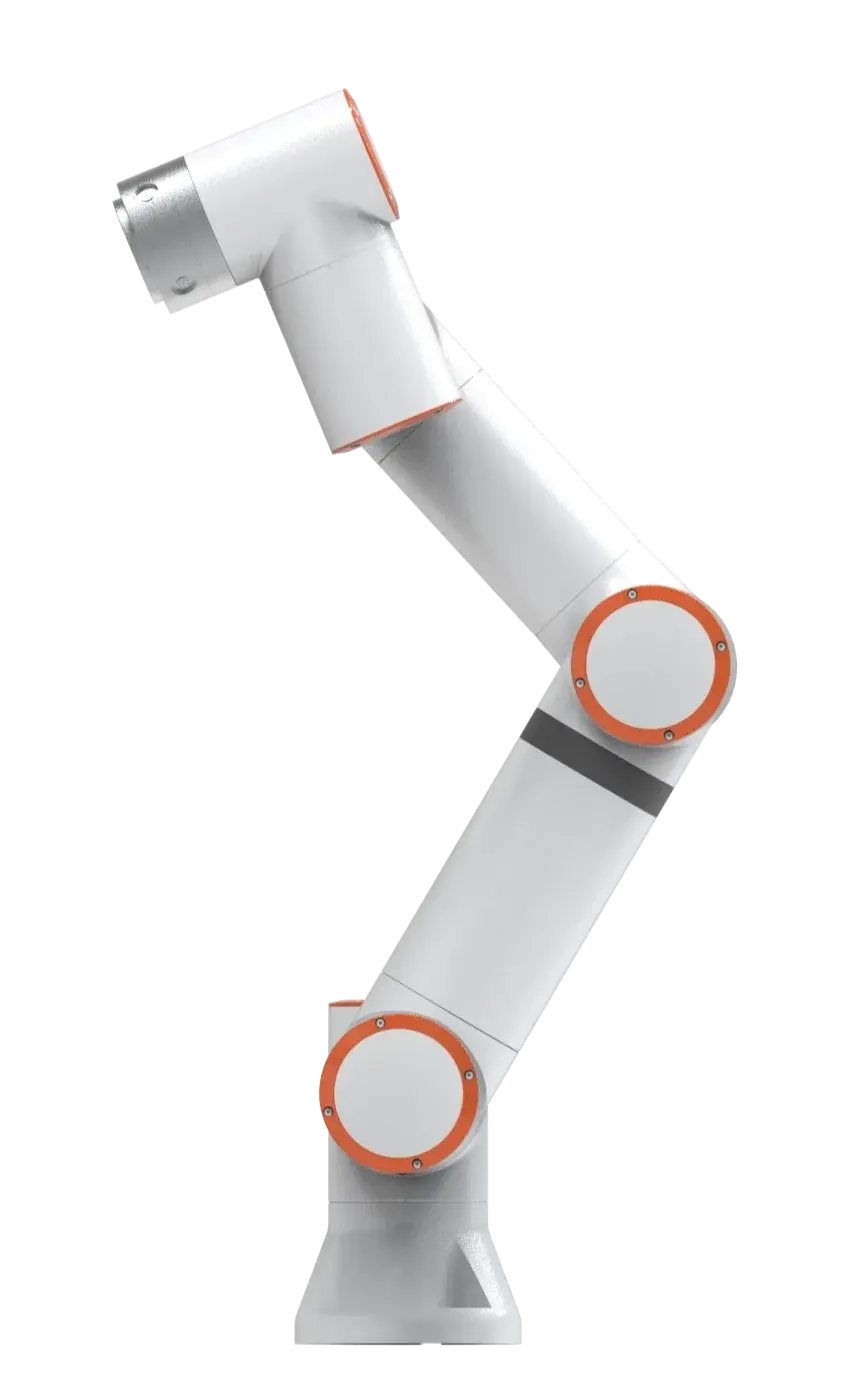 side view of a FAIRINO FR20 industrial robot arm with orange circular joint covers