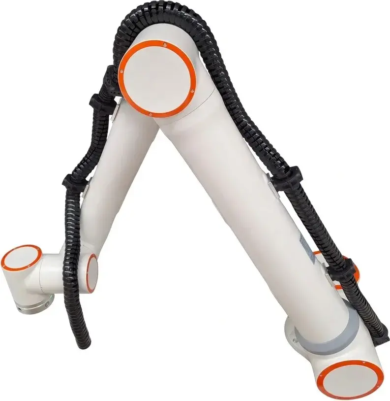 side view of white industrial robot arm with orange rings and protective black tubing