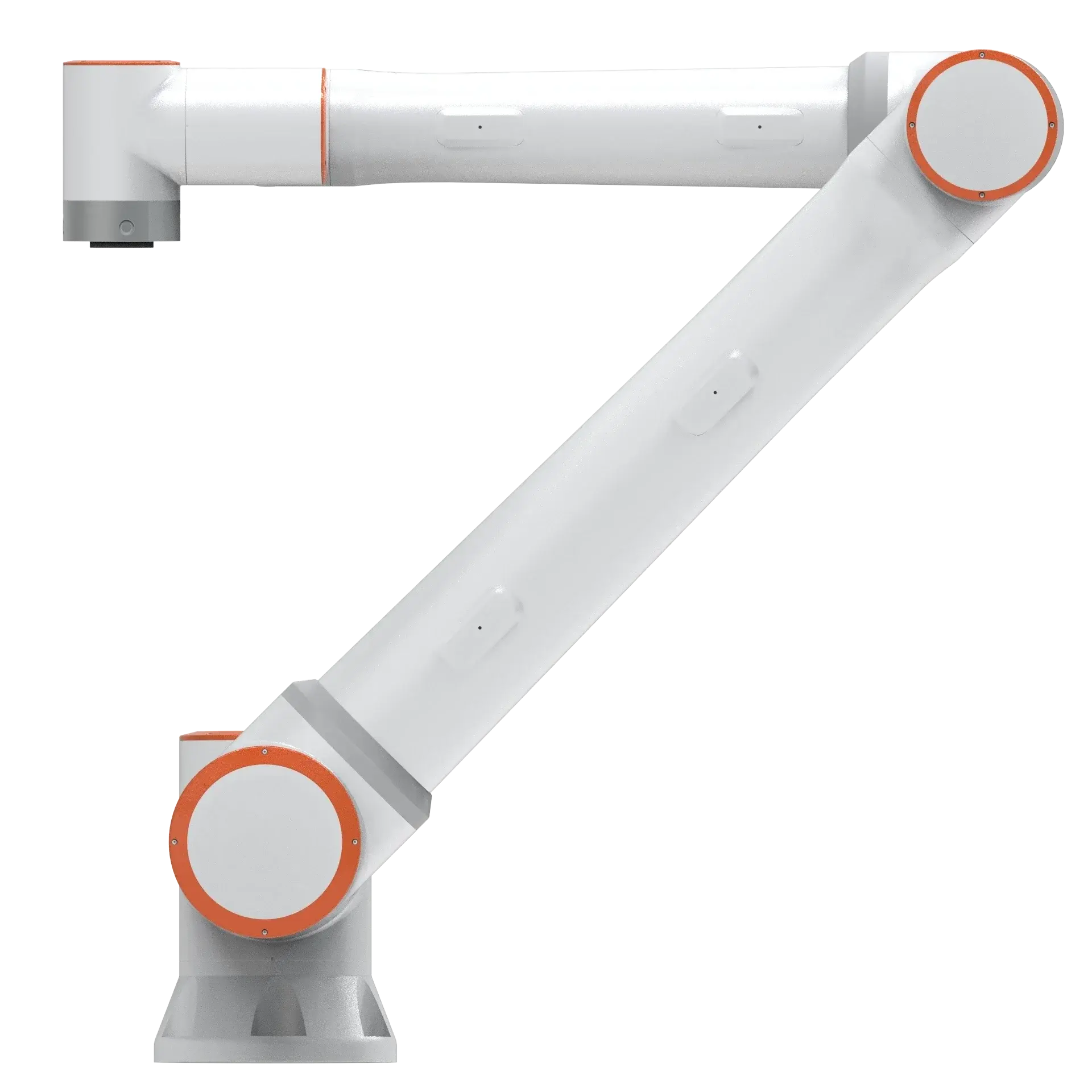 Side view of a white industrial robot arm with orange joints and gray base