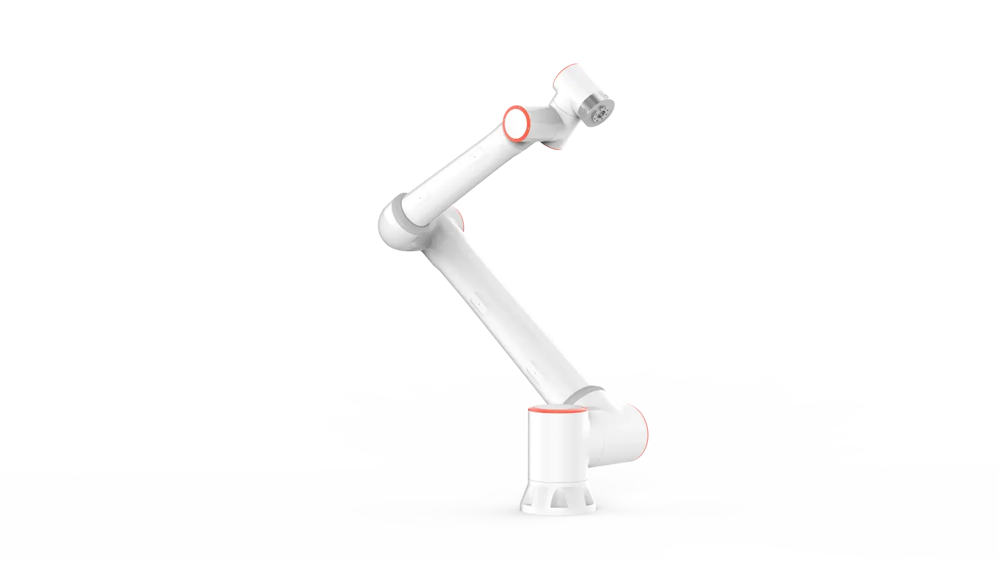 side view of a white industrial robot arm with three joint segments and round connectors