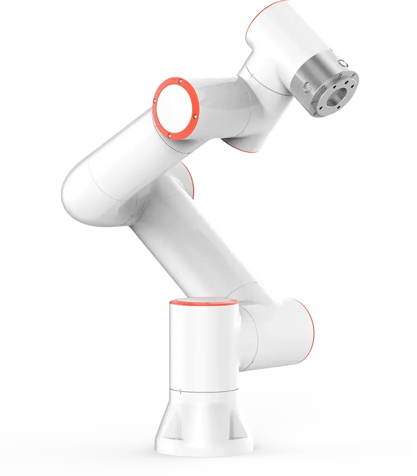 front side view of a white industrial robot arm with orange rings on joints