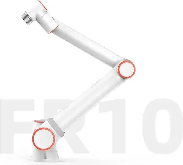 side view of white six axis robot arm with orange circular joints
