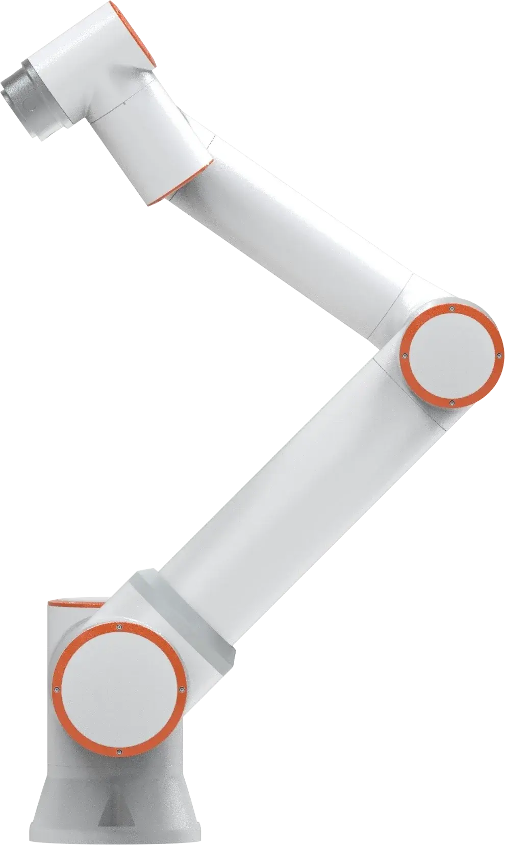 side view of a white collaborative robot arm with orange circular joint covers