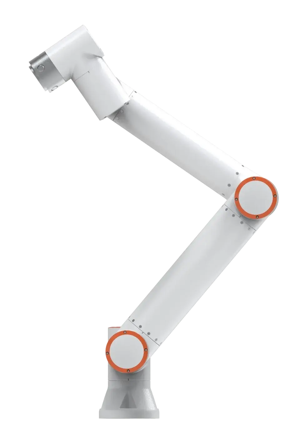 side view of white collaborative robot arm with orange circular joints