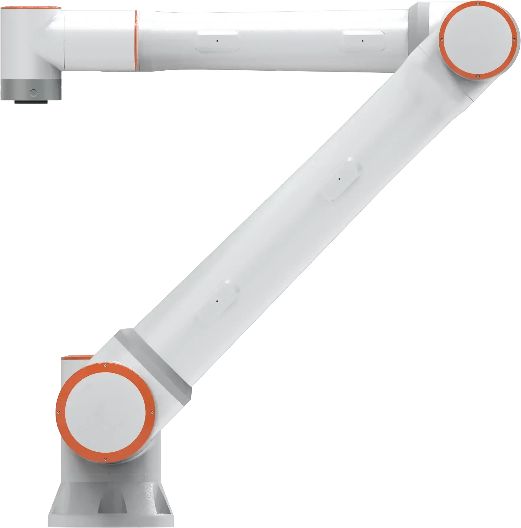 side view of a FAIRINO FR30 collaborative robot arm with orange rings and white segments