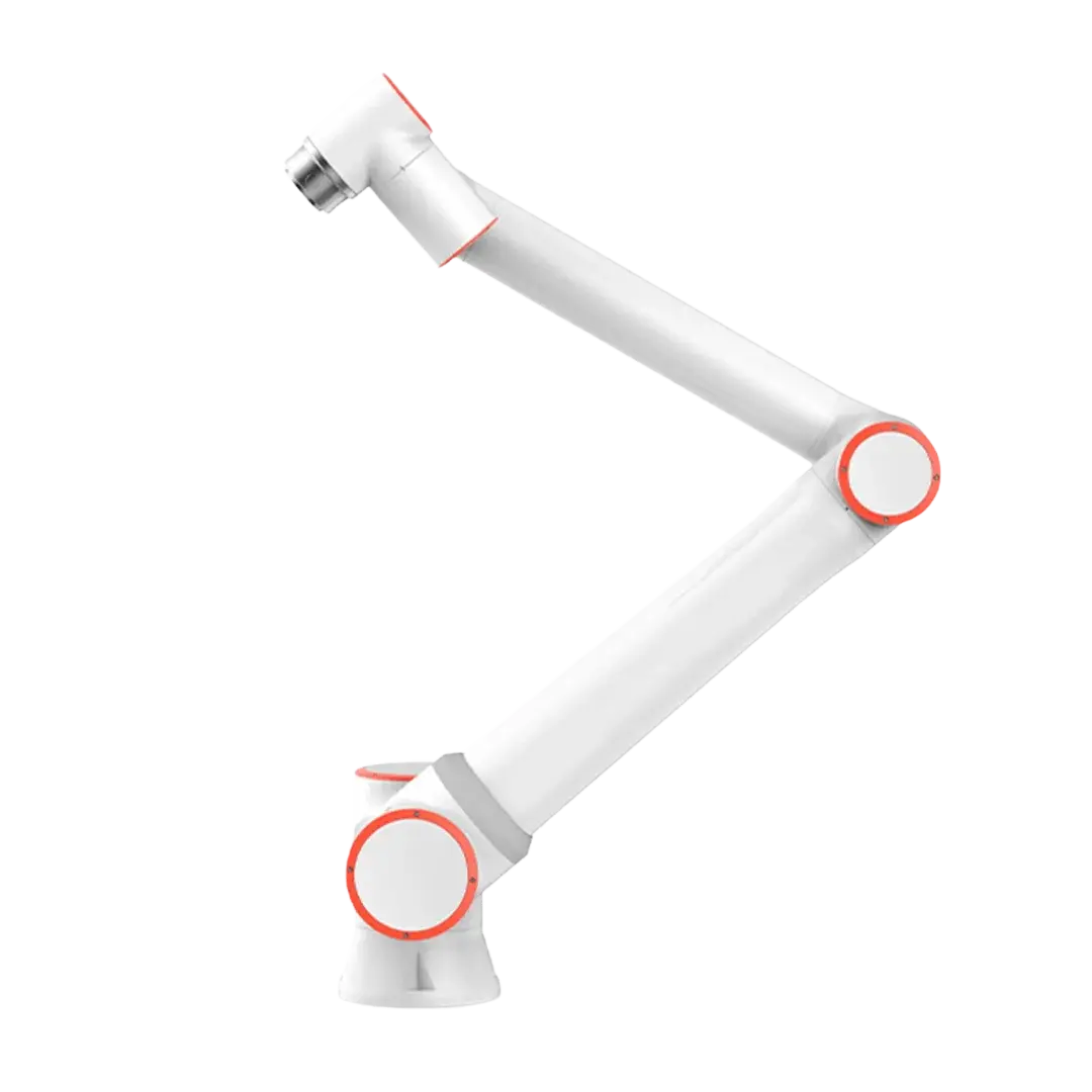 side view of white Fairino FR10 collaborative robot arm with orange circular accents