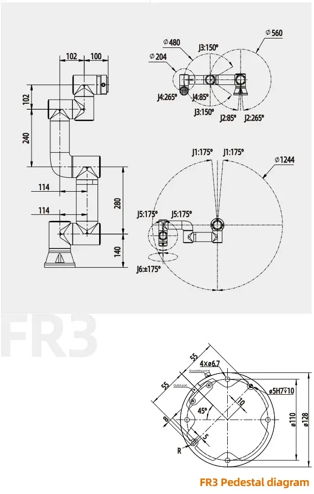technical diagrams and dimensions of a collaborative robot arm and pedestal
