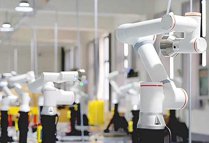 side view of Fairino FR3 collaborative robot arm mounted in a bright industrial setting
