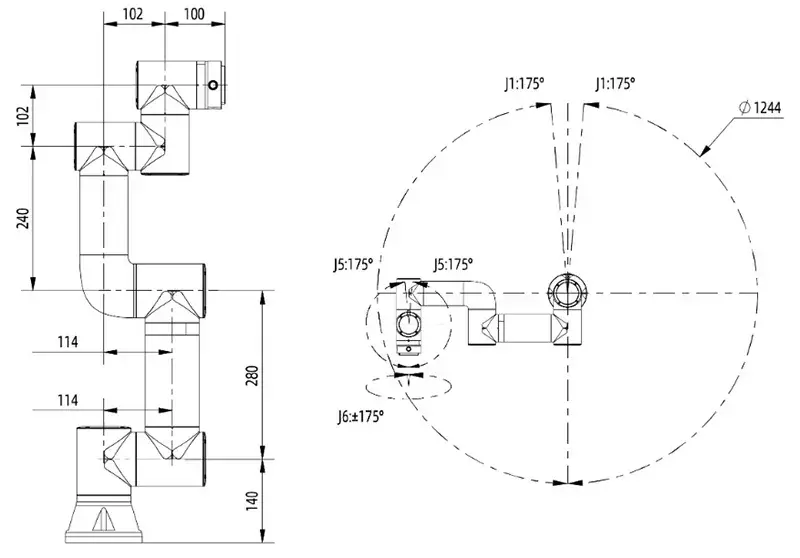 engineering drawing with dimensions and joint rotation angles of a collaborative robot arm