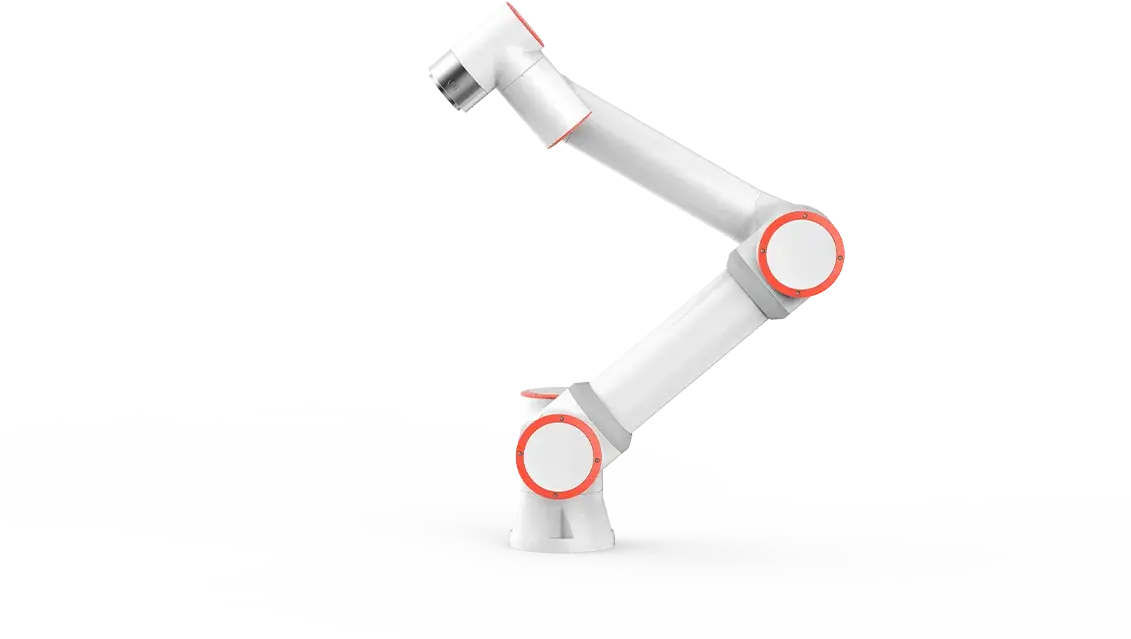 side view of white industrial robot arm with orange circles on joints