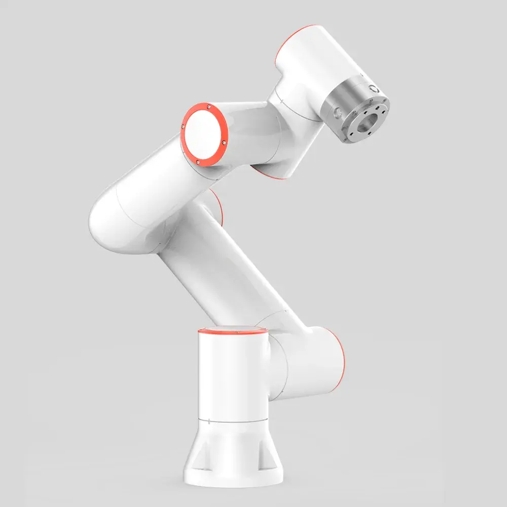 side view of Fairino FR5 Cobot white robotic arm with orange rim details