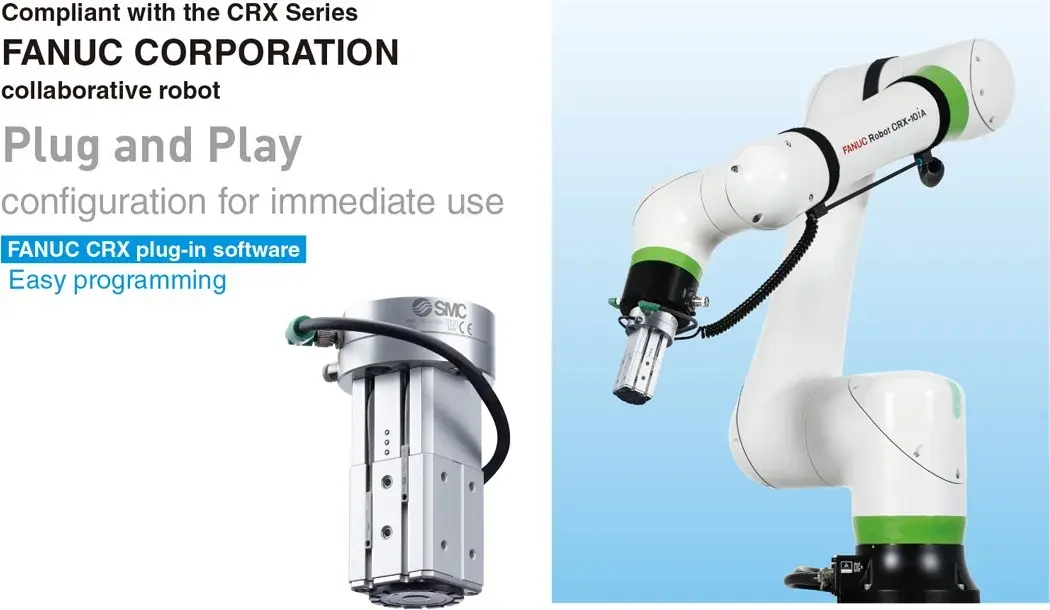 SMC MHM magnetic cobot gripper attached to a Fanuc collaborative robot arm with blue gradient background
