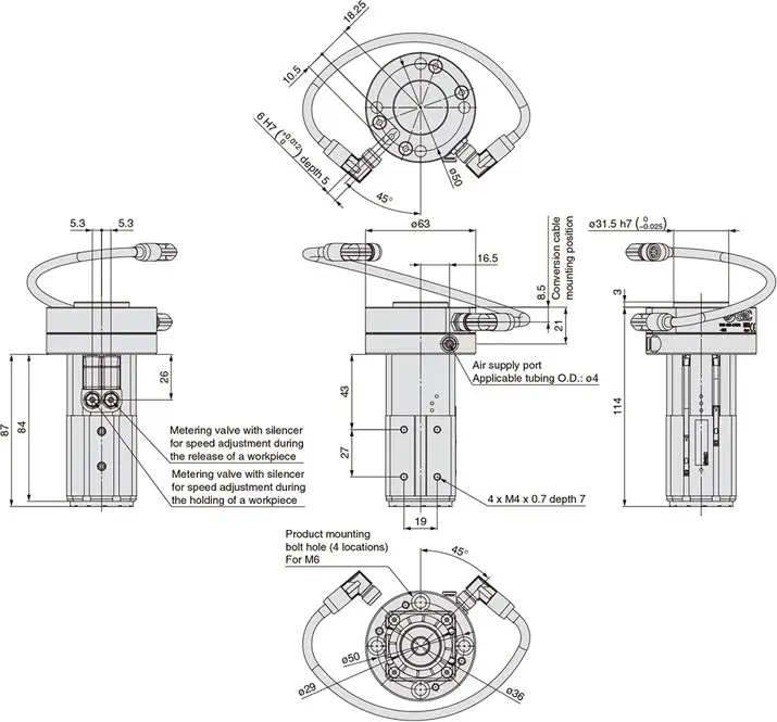 technical drawing with multiple views and dimensions of magnetic cobot gripper