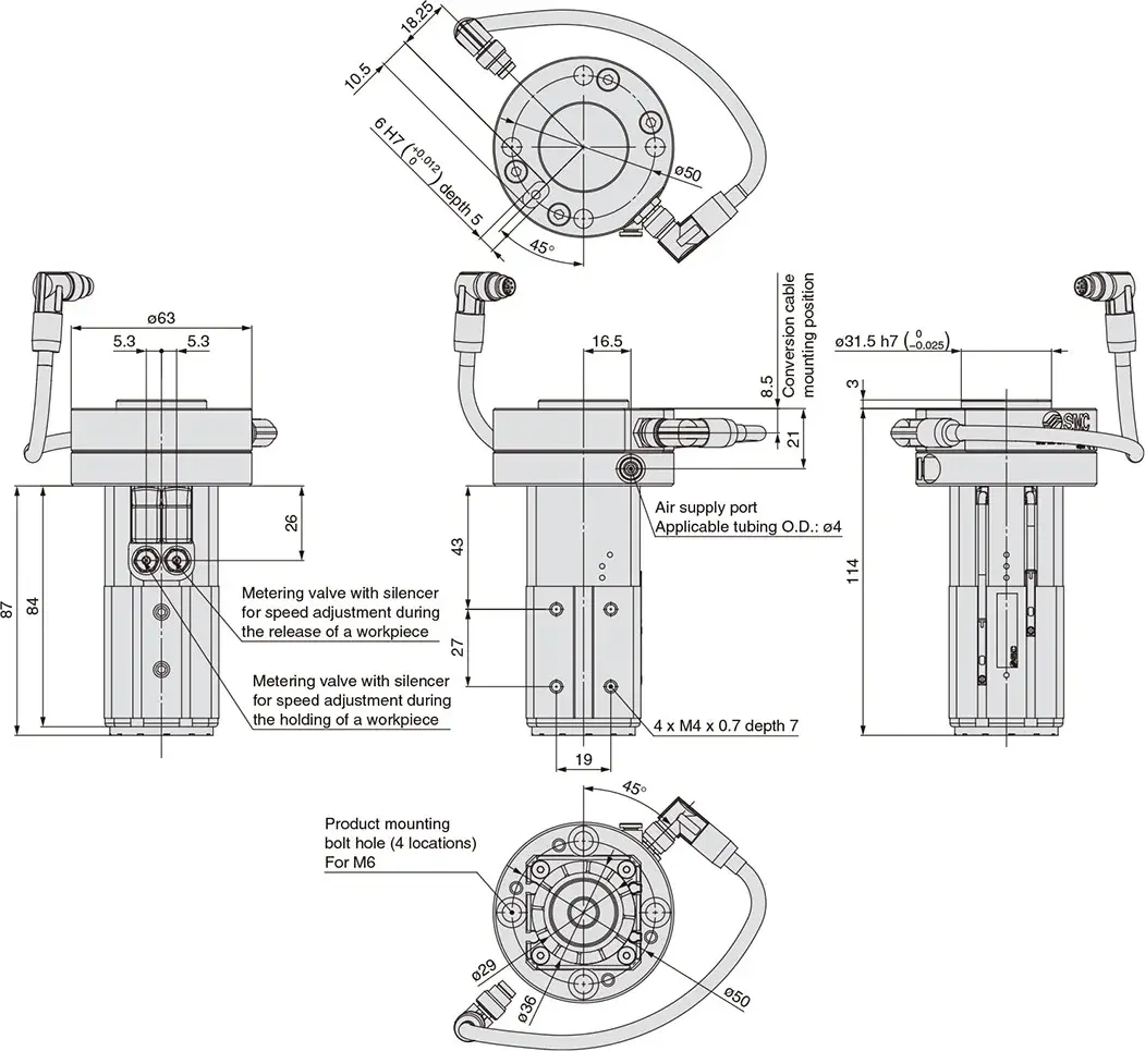 technical drawing showing multiple views and dimensions of the magnetic cobot gripper