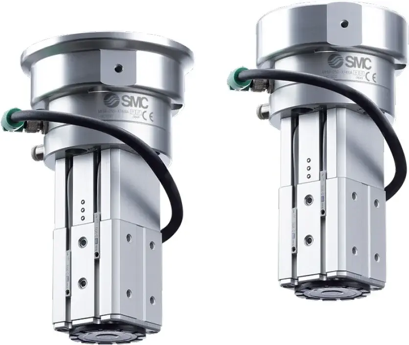 two views of a silver cylindrical magnetic cobot gripper with black cable and SMC logo