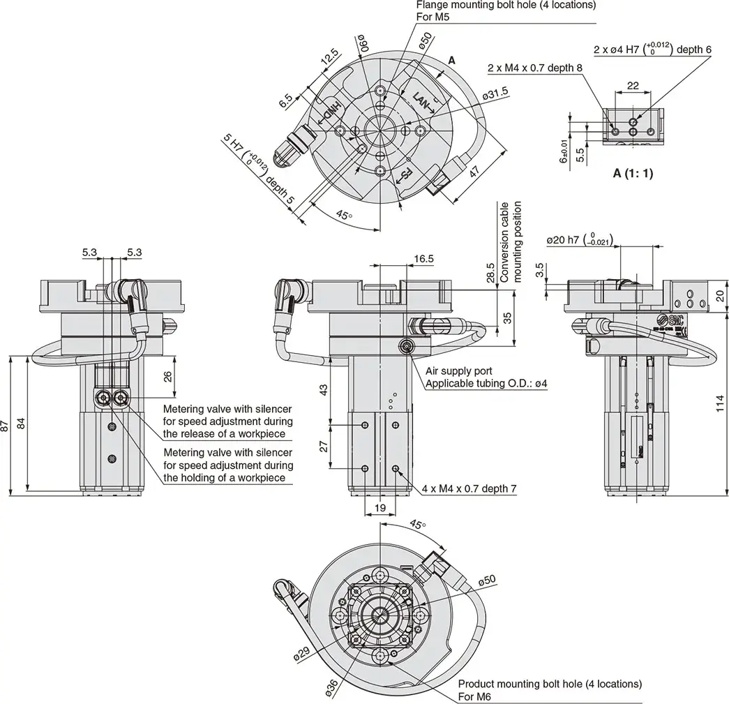 technical drawing showing multiple views and dimensions of the magnetic cobot gripper