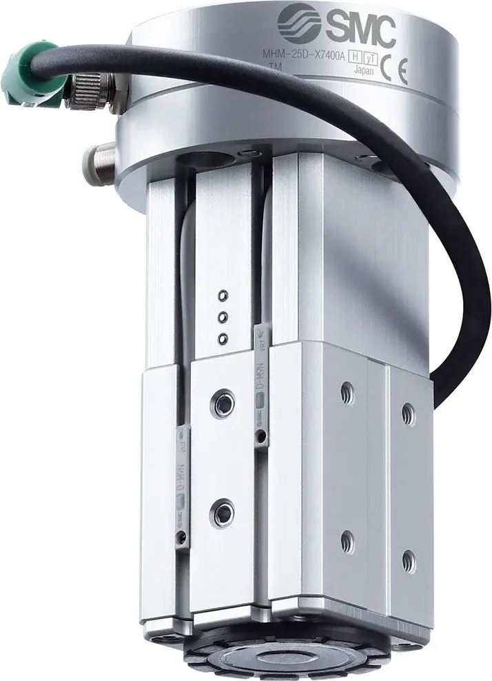 Close-up front view of the SMC MHM-25D-X7400A magnetic cobot gripper
