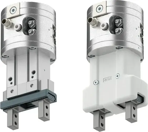 front left side view of two SMC RMHZ2 Pneumatic Grippers, 2-finger, 80 N, one with protective cover