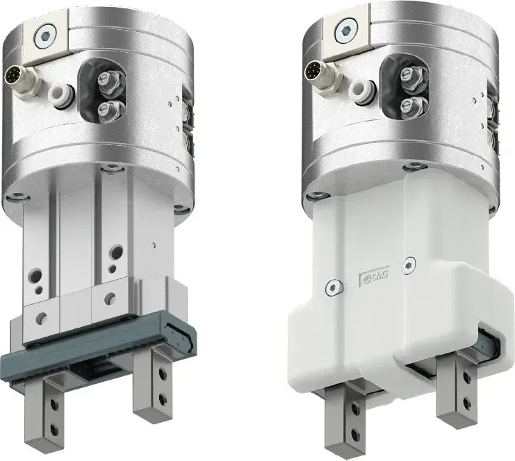 front view of SMC RMHZ2 2-finger pneumatic gripper with visible connectors and fingers