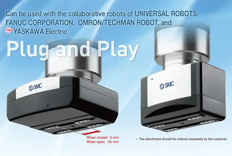 Two electric grippers shown with a blue sky background and product use text