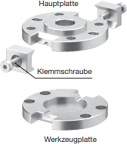 Clamp type robot tool changer with main plate and clamping screws shown separated