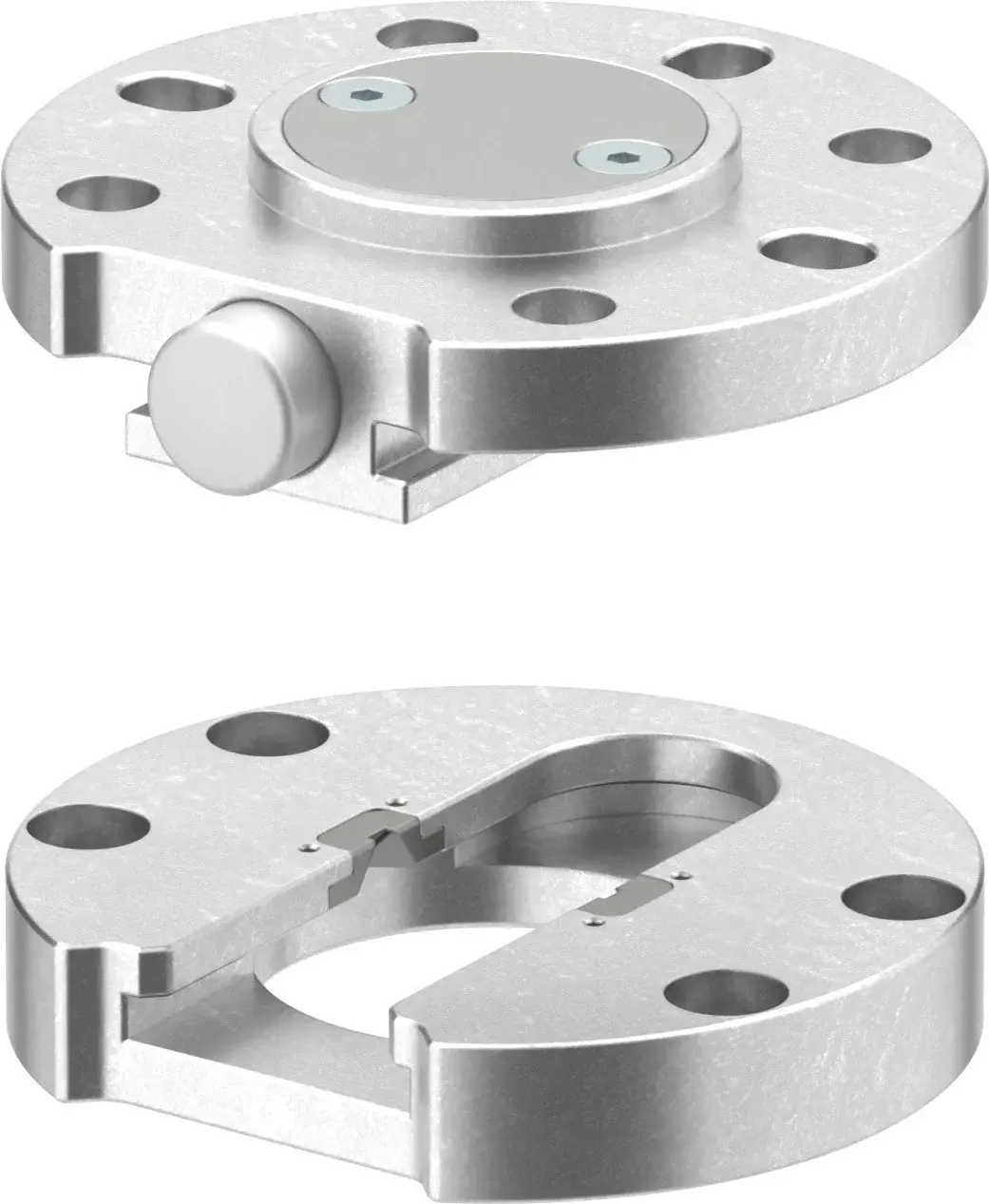 two views of a circular metal automatic tool changer, one side view and one back view showing the locking area