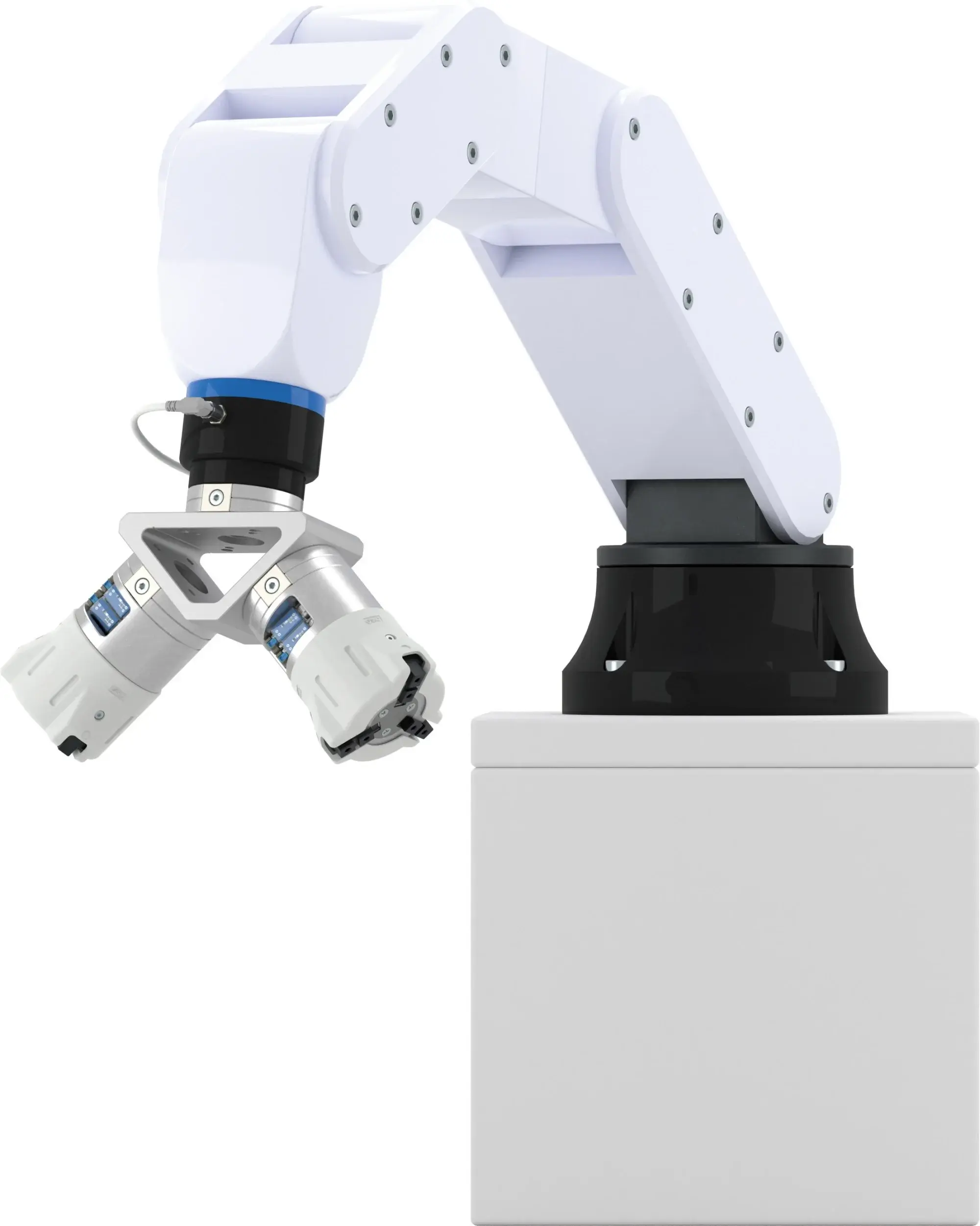 robot arm with two collaborative robot gripper adapters attached in a V shape