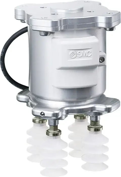front view of SMC vacuum gripper with four white suction cups and metal housing