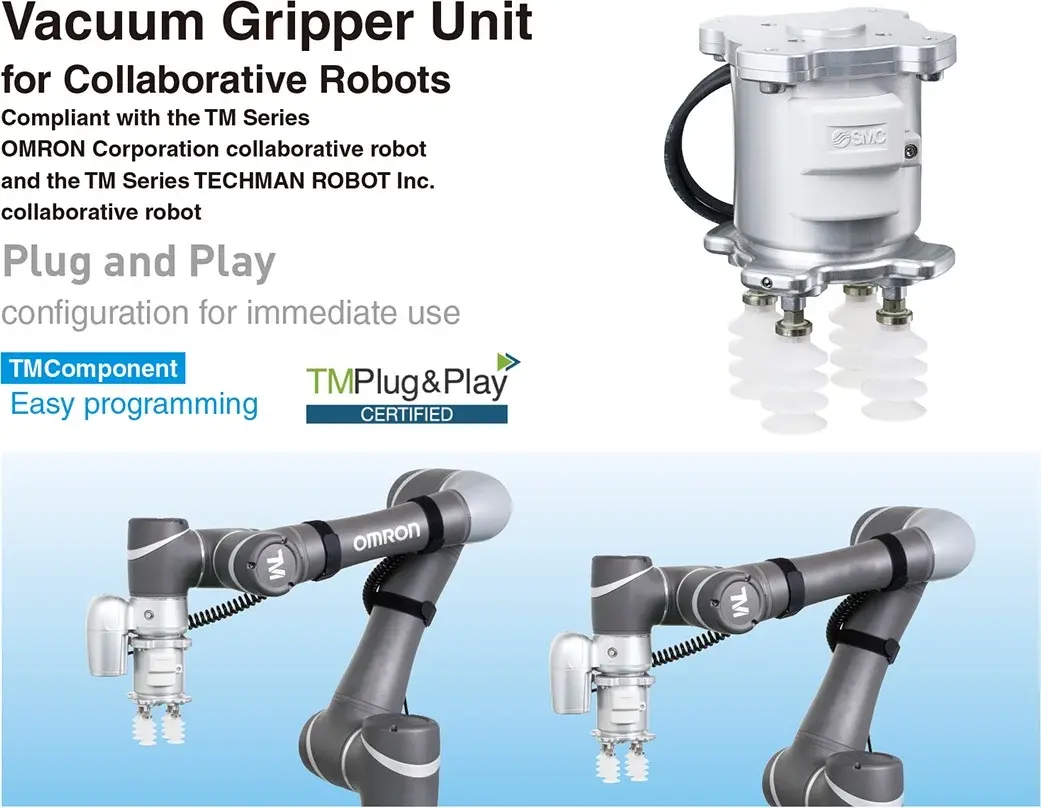 front view of SMC vacuum gripper with three suction cups mounted on collaborative robot arm