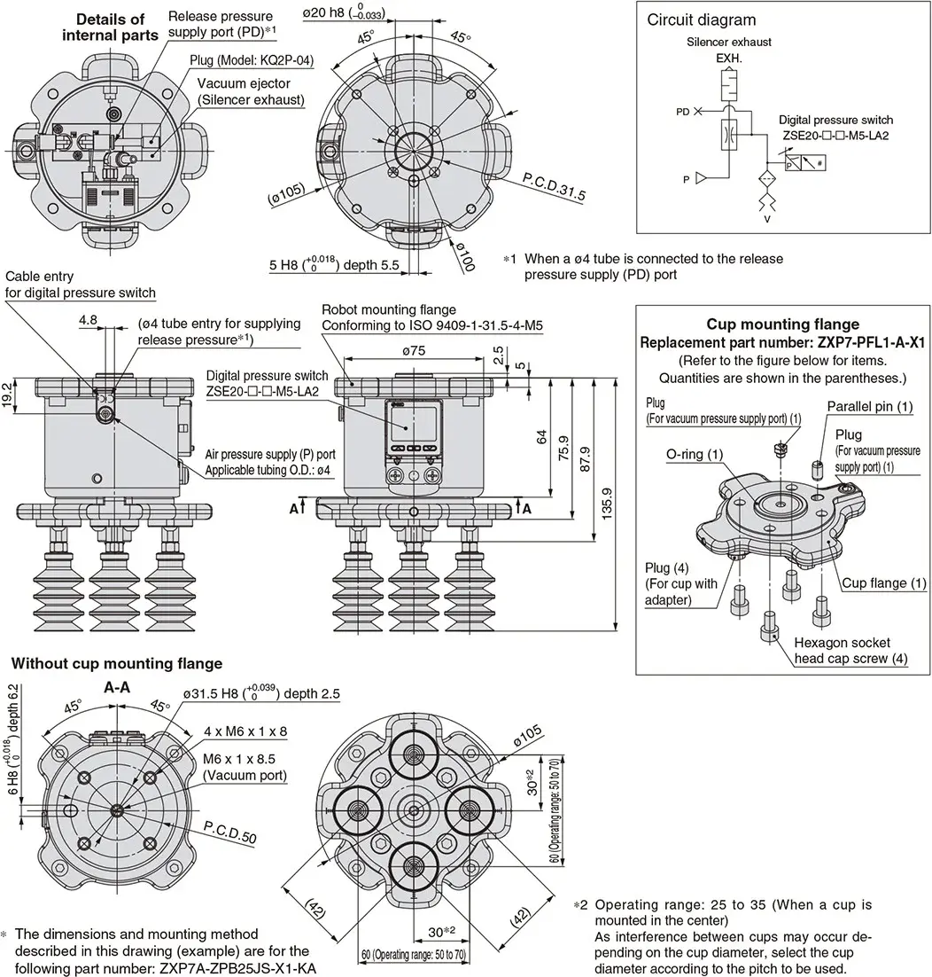 Technical drawing with detailed dimensions and internal parts of the vacuum gripper