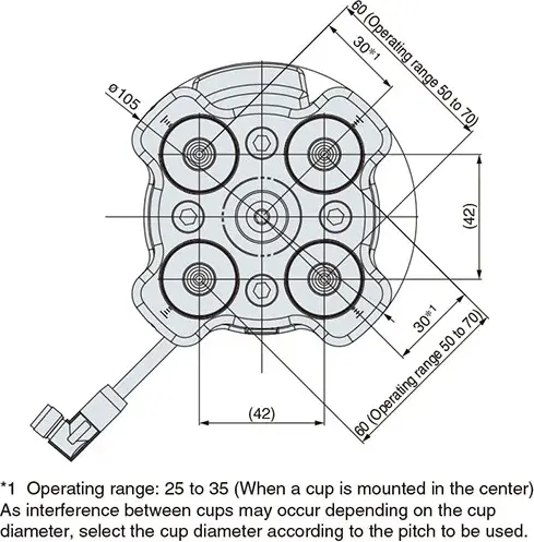 technical drawing showing top view and dimensions of vacuum gripper with four cups