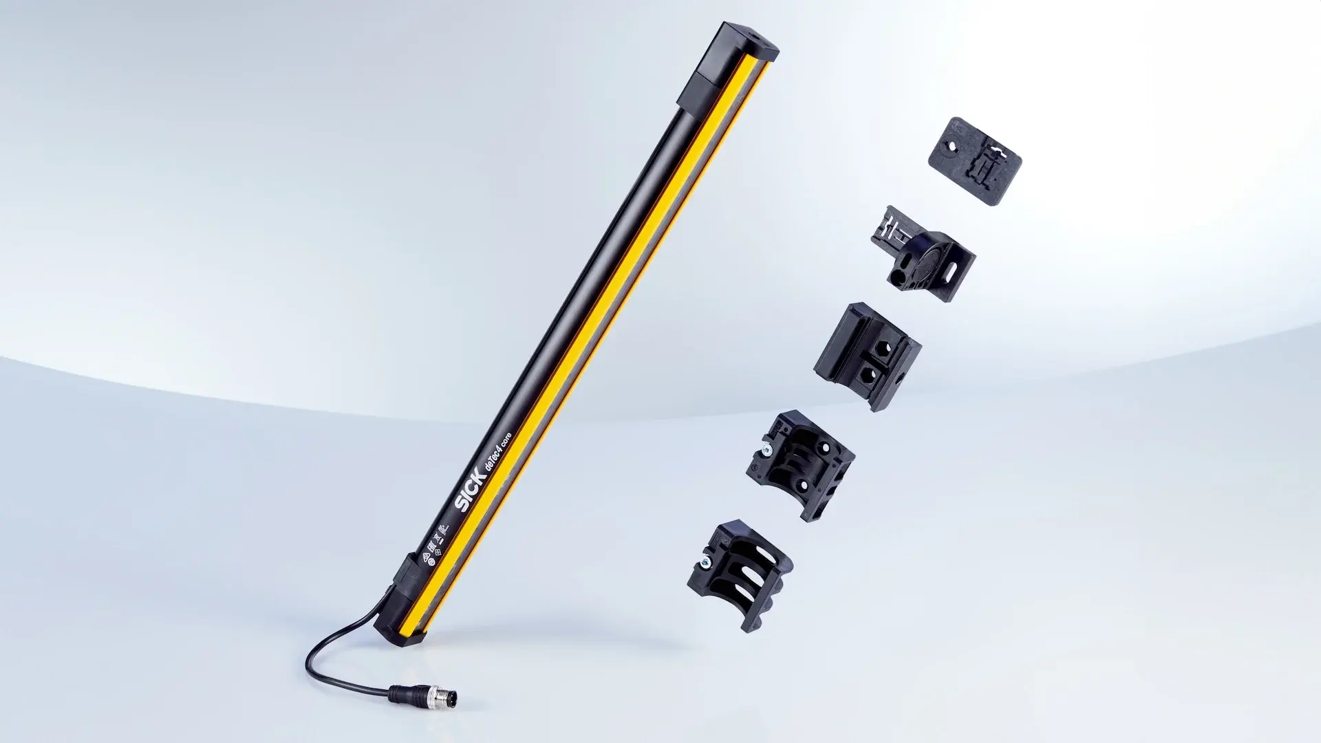 SICK deTec4 Core Safety Light Curtain angled with mounting parts floating